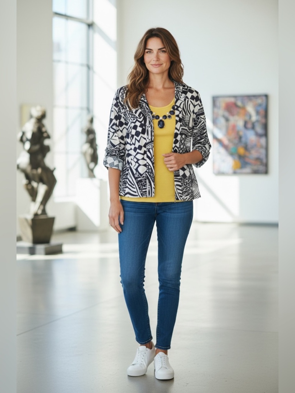Black and White Patterned Jacket with Yellow Top
